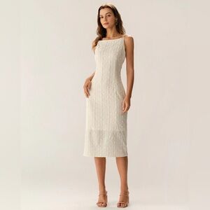 RIHOAS Beige Textured Beaded Slip Midi Dress XL